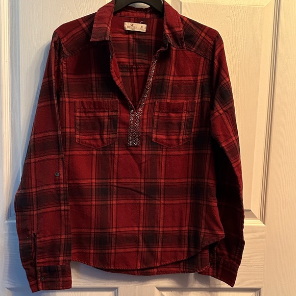 Burgundy Hollister Plaid Long Sleeve Shirt with roll up tabs, & Embellishment - Picture 1 of 7